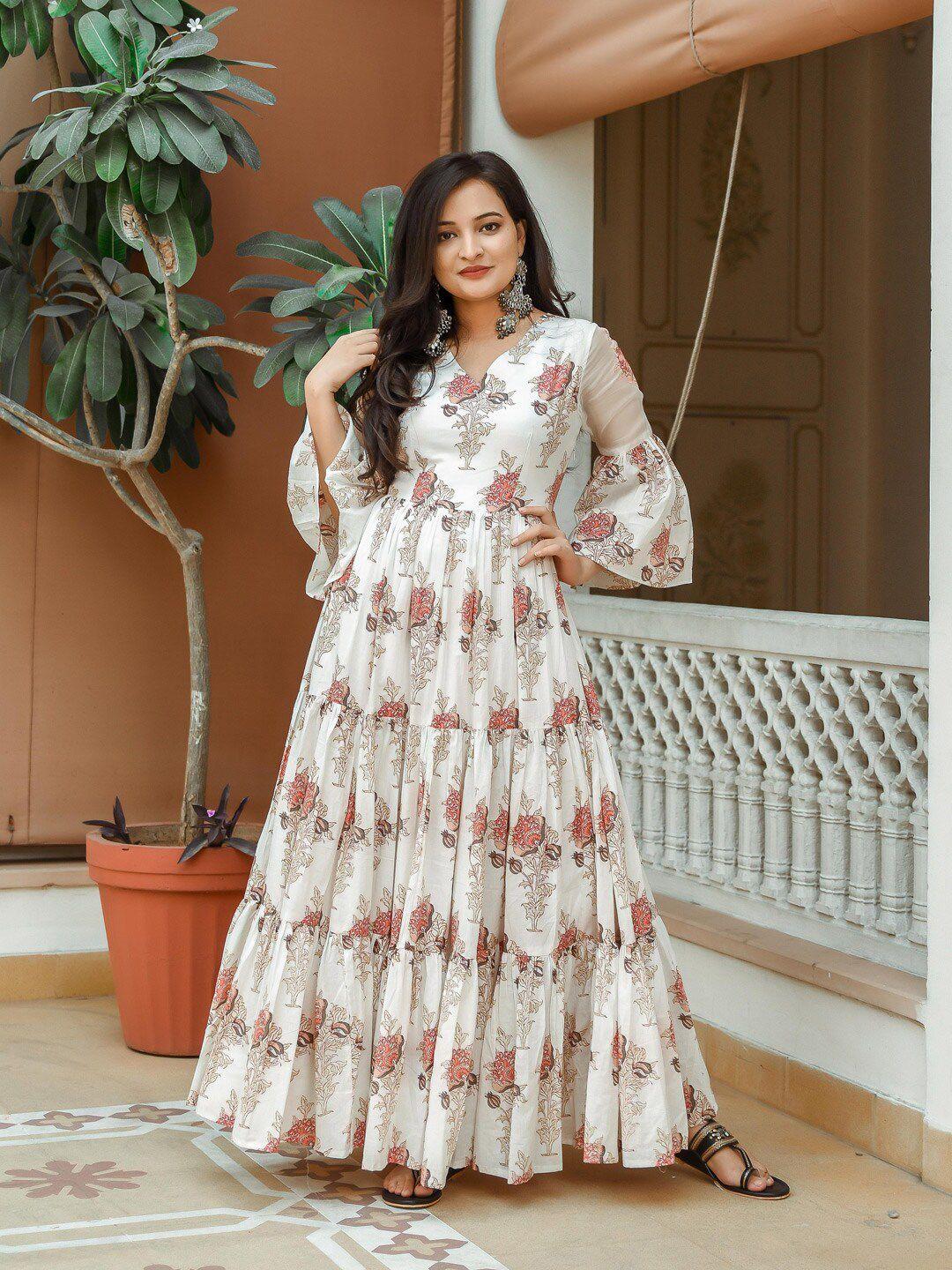 indian virasat white & brown floral tiered cotton ethnic maxi dress