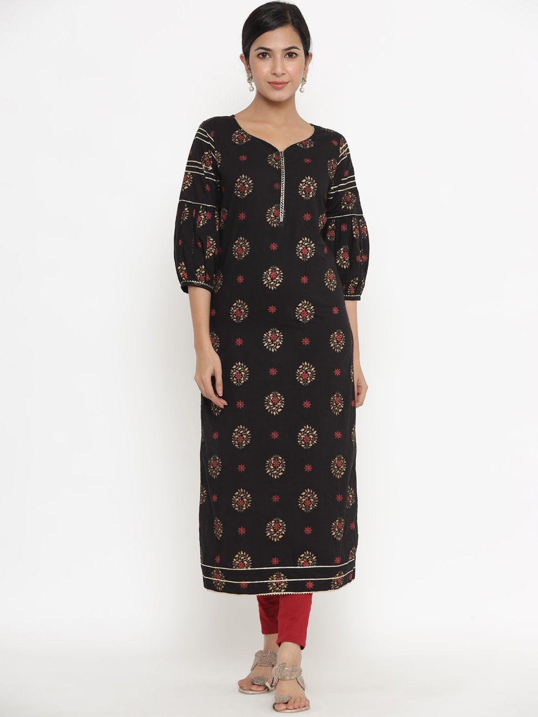 indian virasat women black ethnic motifs printed thread work kurta