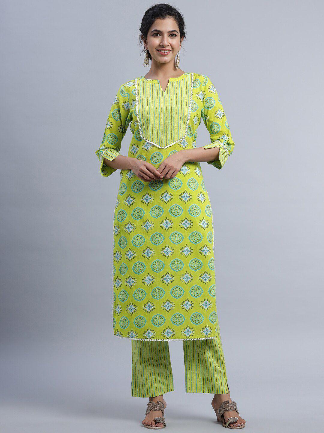 indian virasat women green floral printed pure cotton kurta with trouser