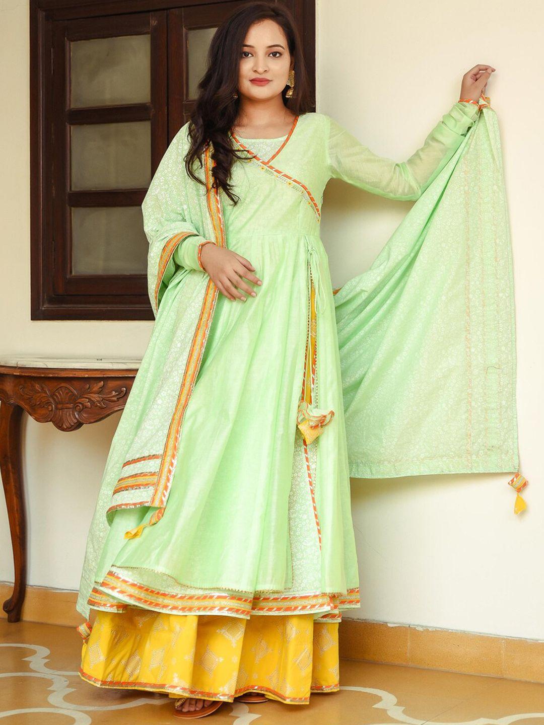 indian virasat women lime green printed angrakha gotta patti pure cotton kurta set