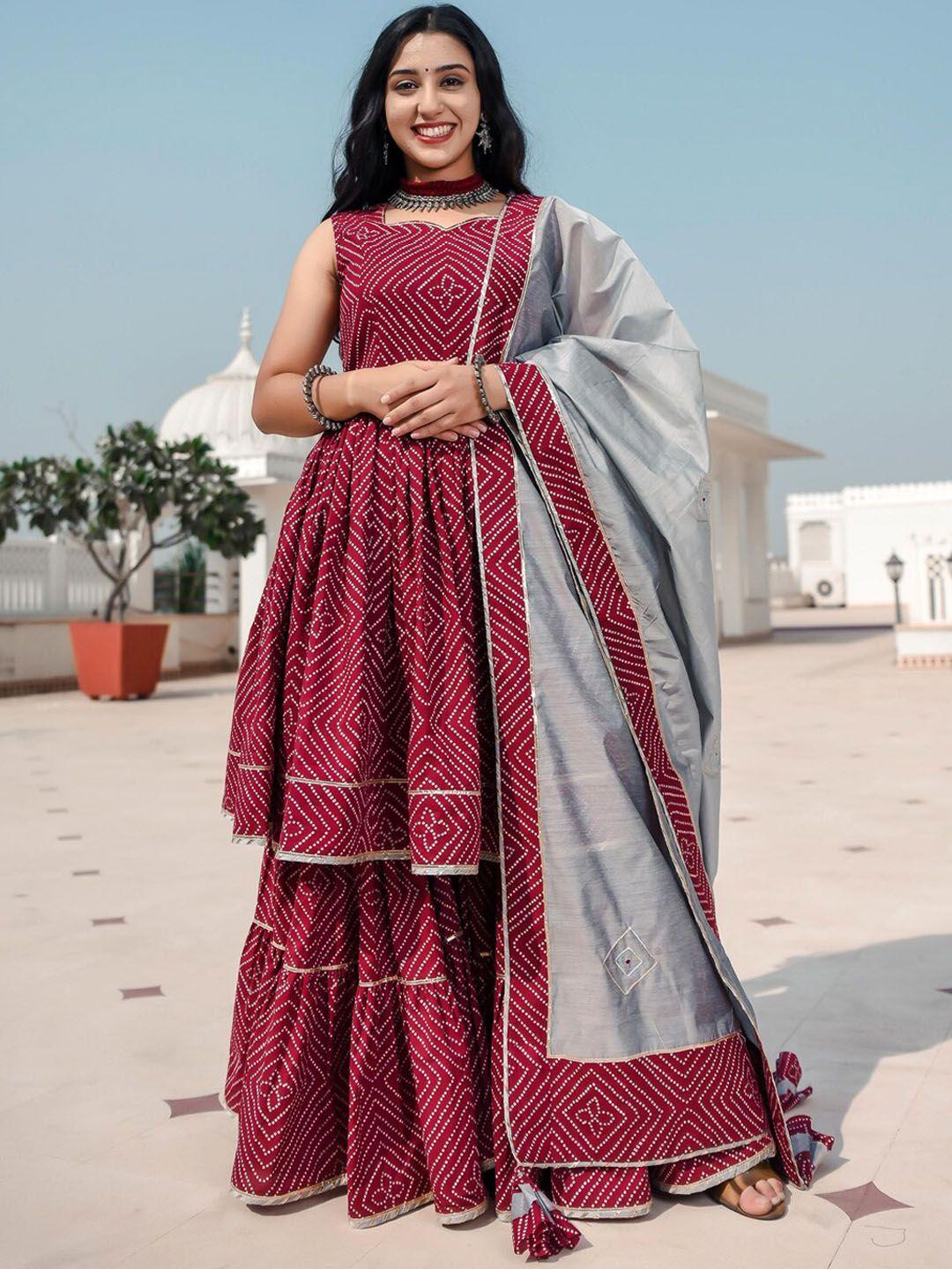 indian virasat women maroon bandhani printed pleated gotta patti pure cotton kurta set