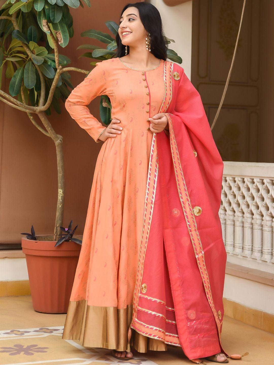 indian virasat women peach-coloured printed gotta patti kurta with trouser & dupatta