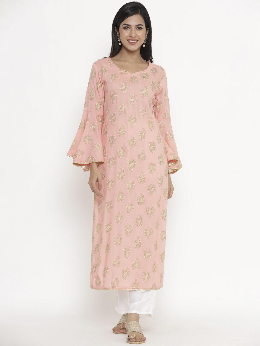 indian virasat women pink ethnic motifs printed bell sleeves kurta