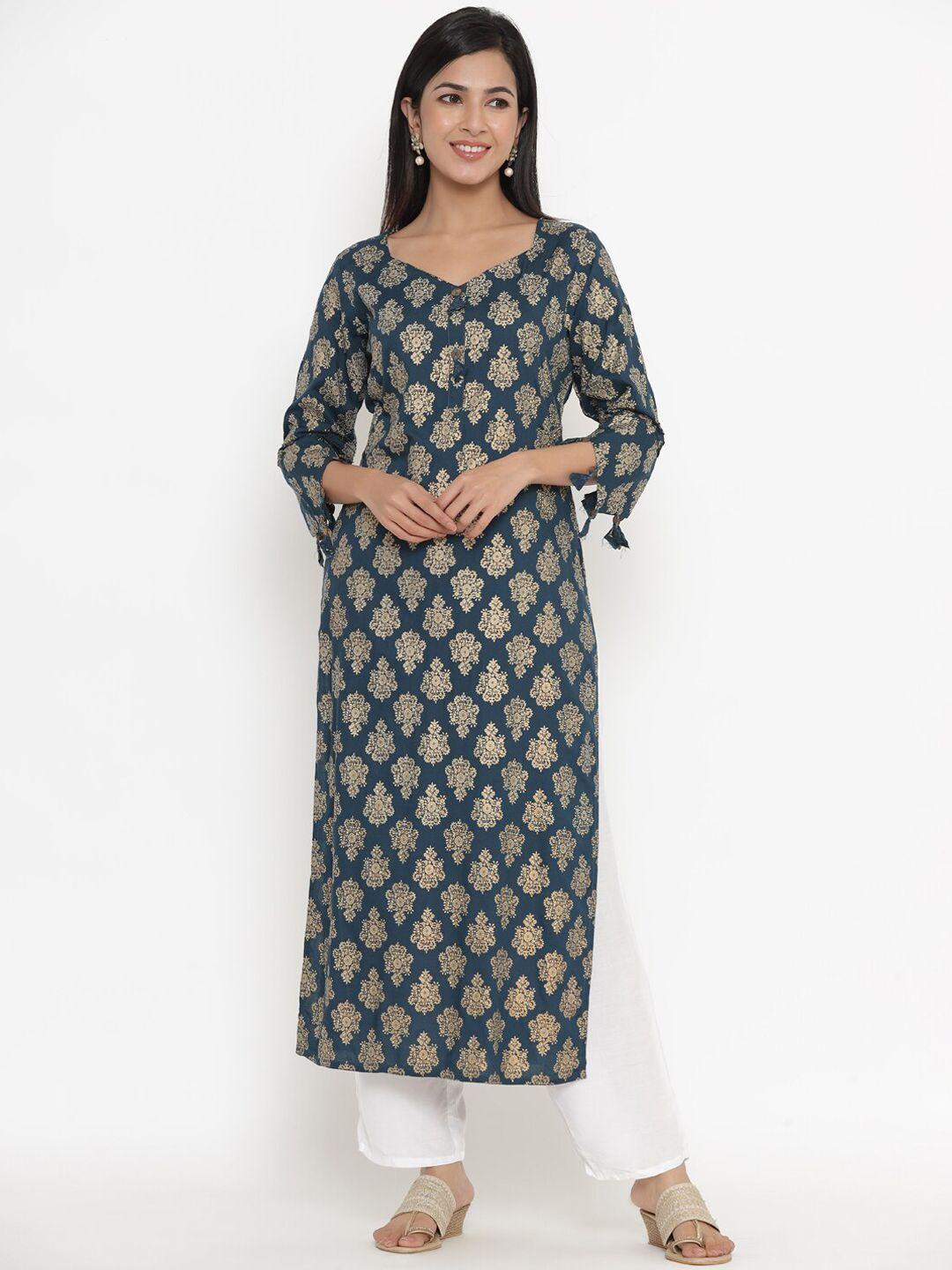 indian virasat women teal ethnic motifs printed kurta