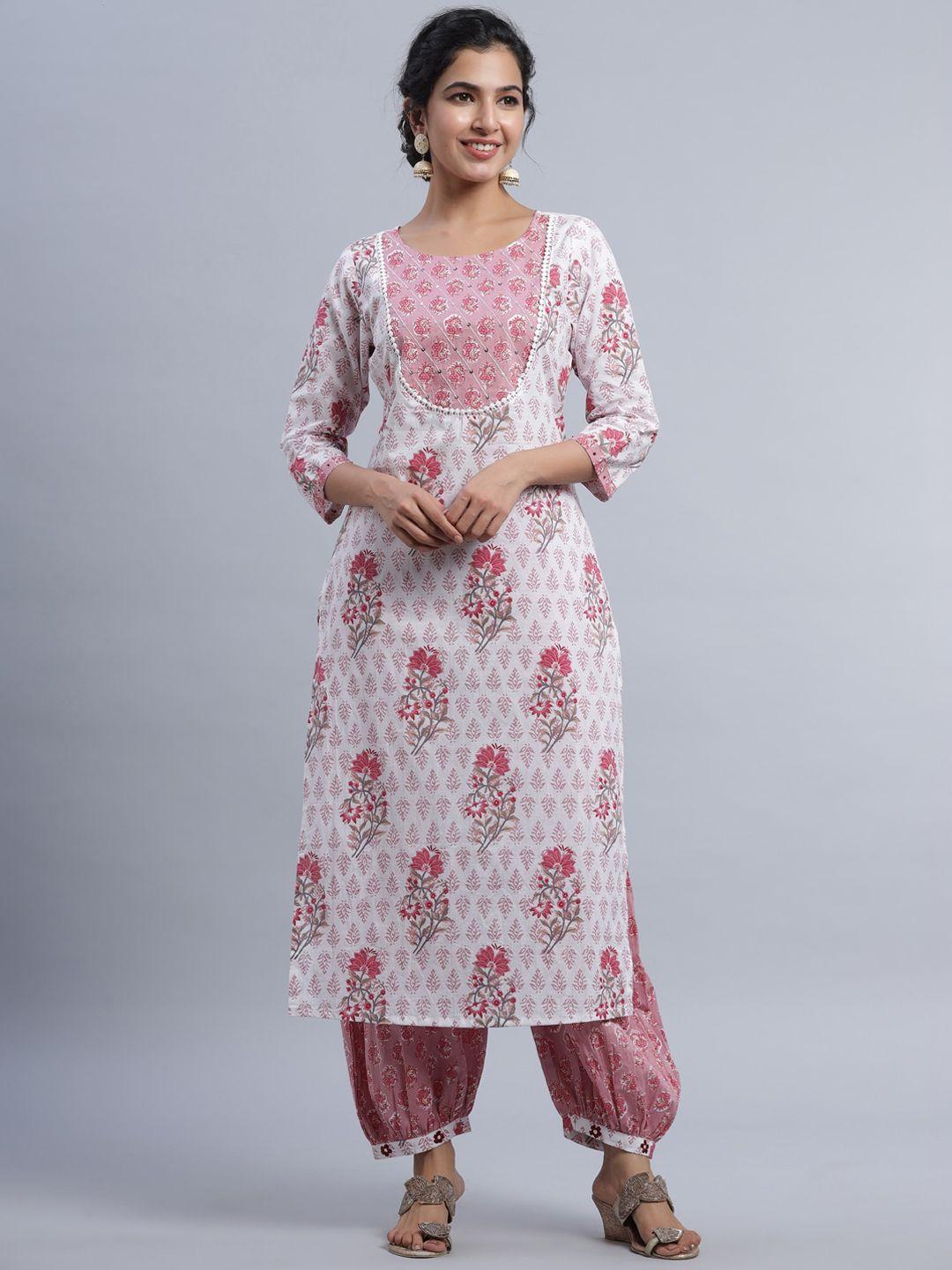 indian virasat women white floral printed beads and stones pure cotton kurti with salwar