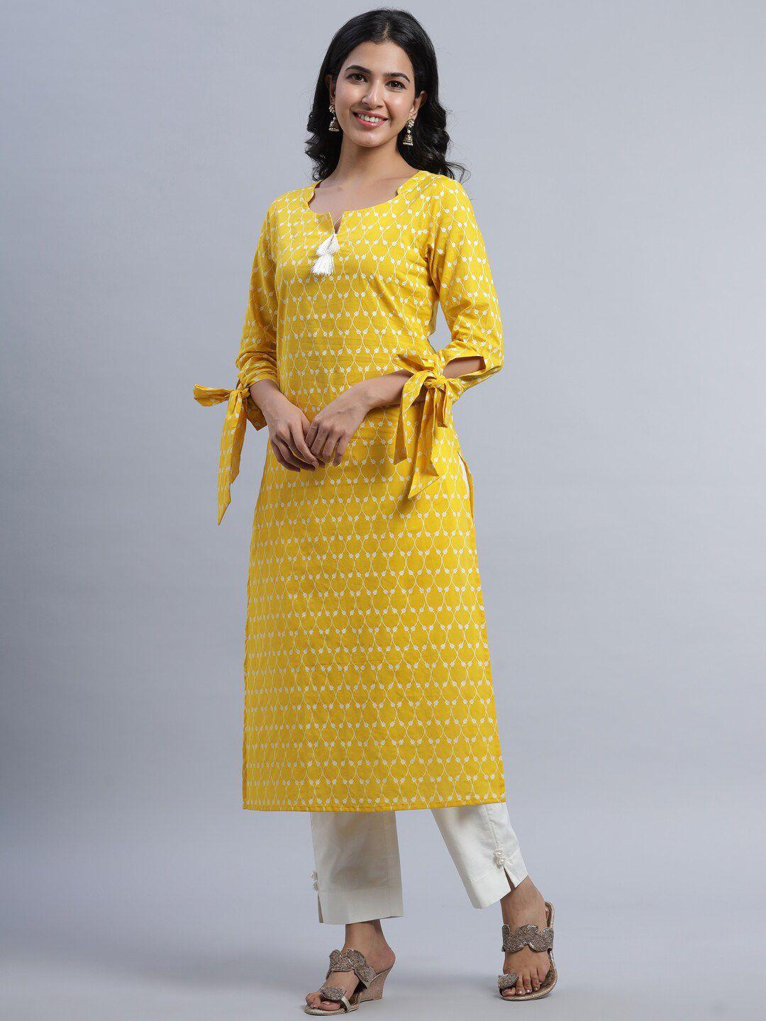 indian virasat women yellow ethnic motifs printed keyhole neck flared sleeves thread work kurta