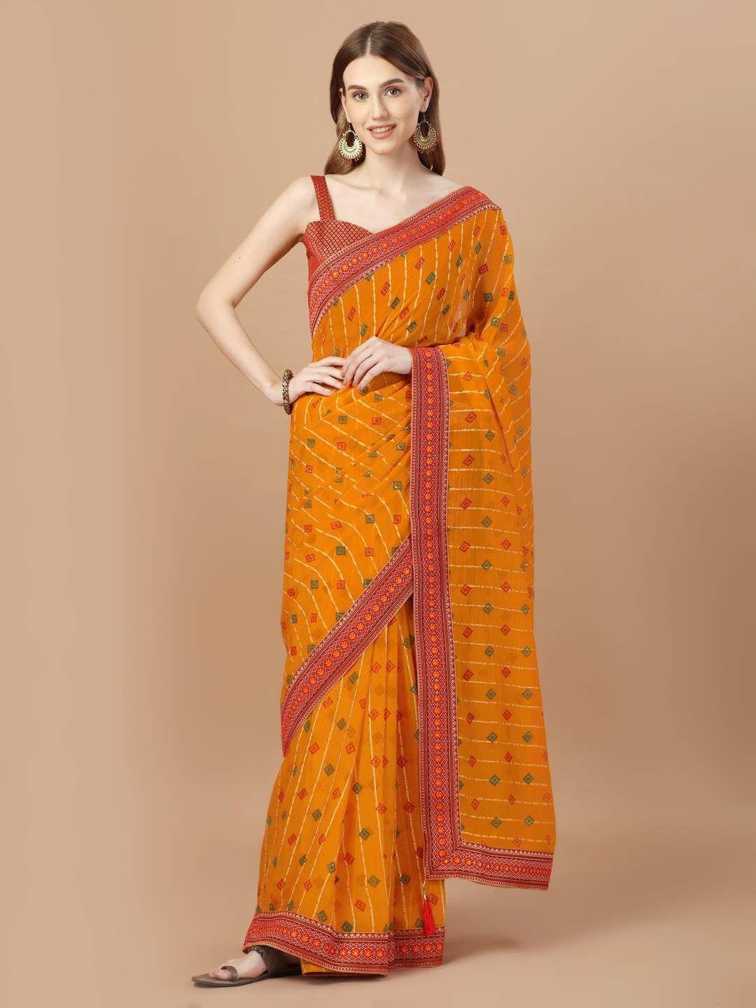 indian women bandhani foil printed zari pure chiffon saree