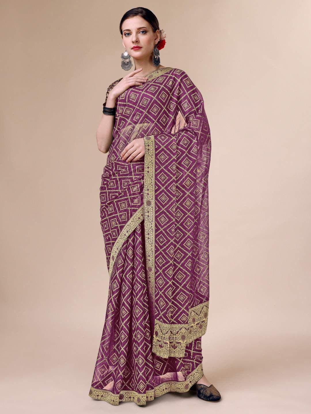 indian women bandhani foil printed zari pure chiffon saree