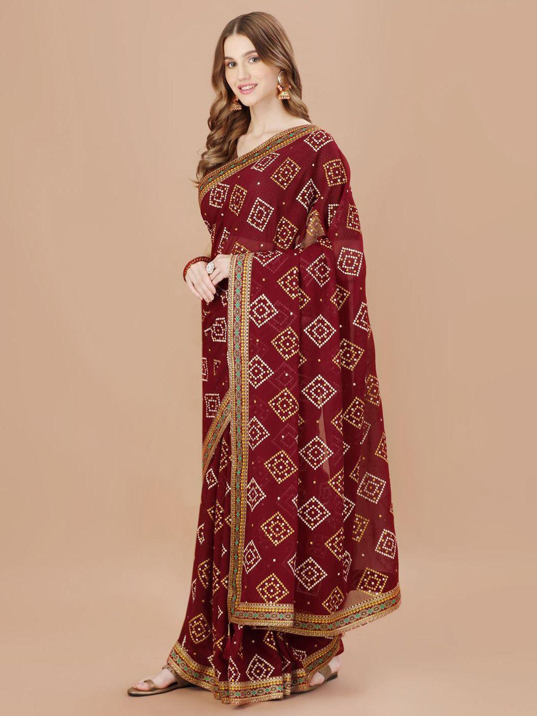 indian women bandhani printed zari lace latkan detail saree