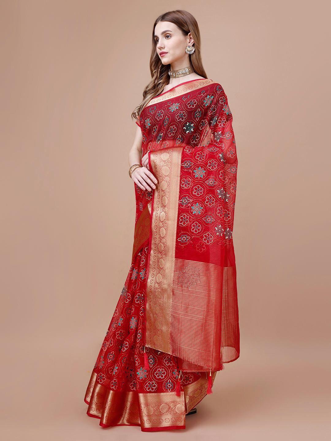 indian women bandhani printed zari organza saree