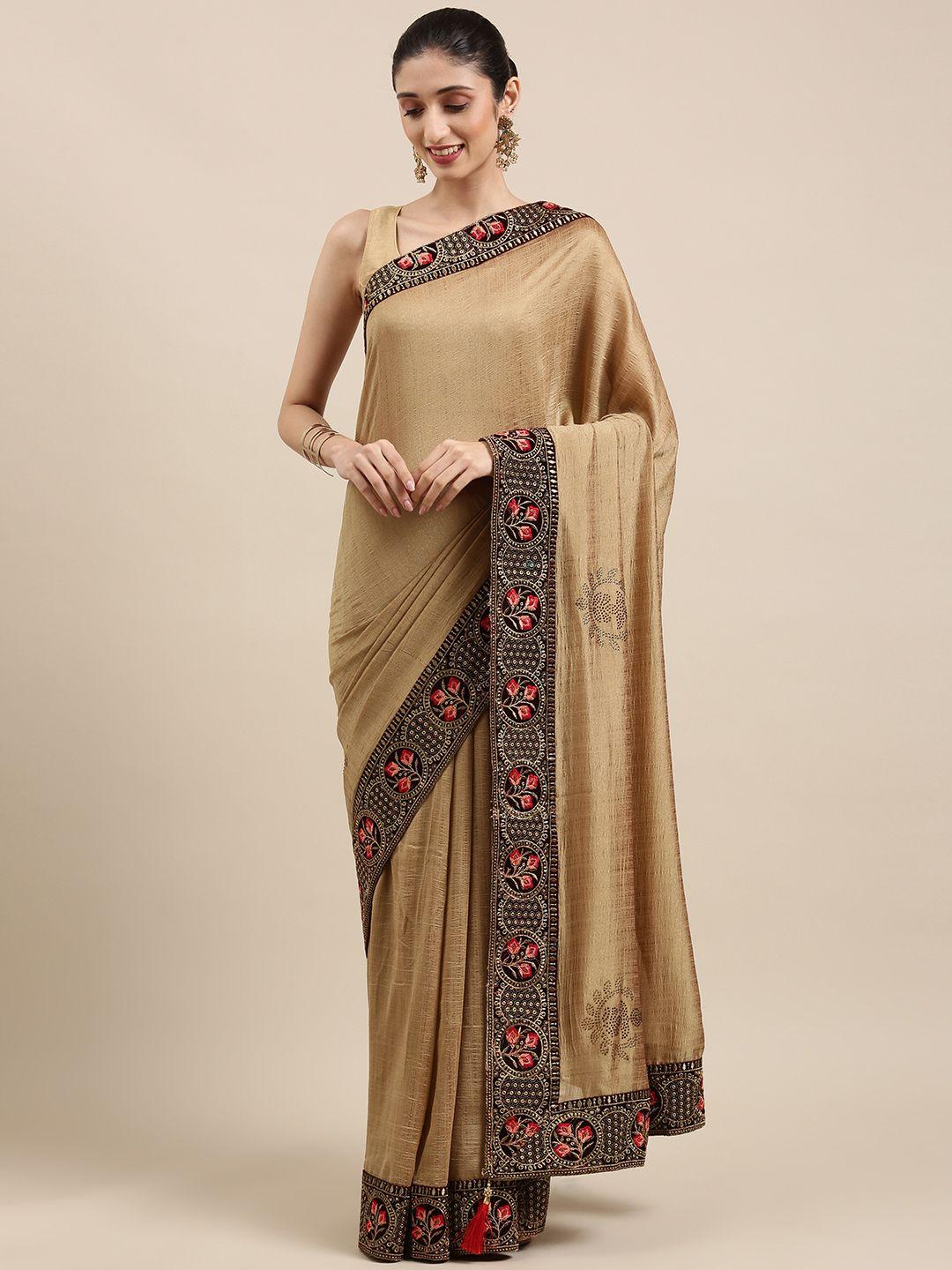 indian women beige ethnic motifs sequinned silk blend ikat saree