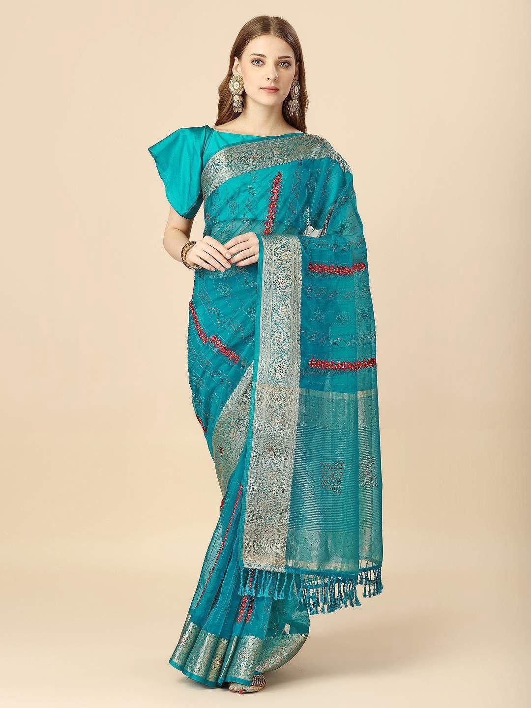 indian women ethnic motifs beads & stones embroidered organza saree