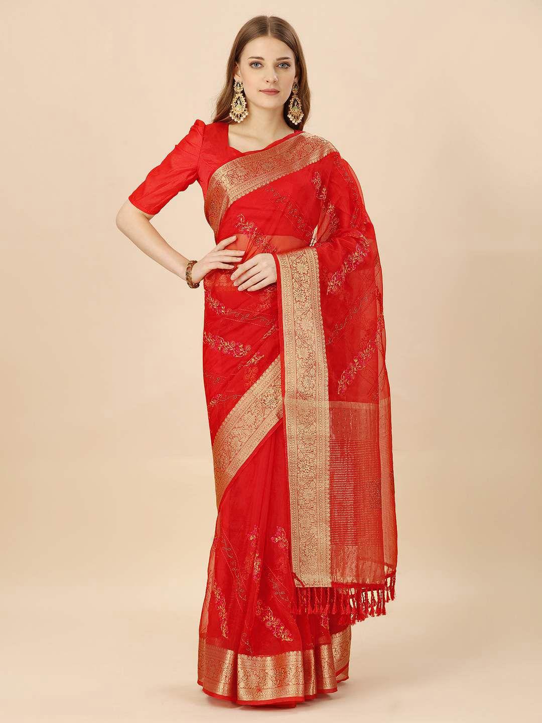 indian women ethnic motifs embroidered  zari organza saree