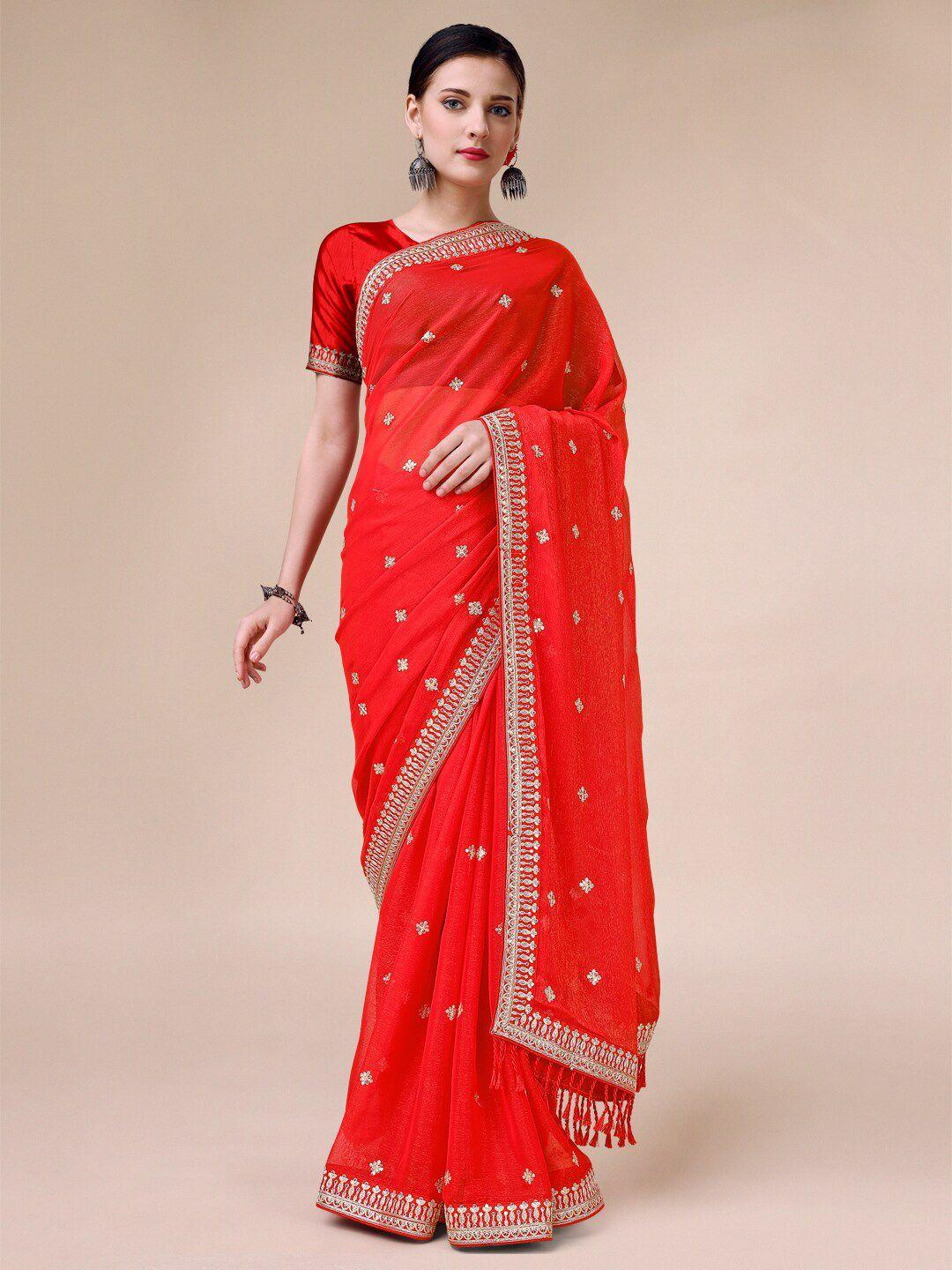 indian women ethnic motifs embroidered sequinned pure chiffon saree