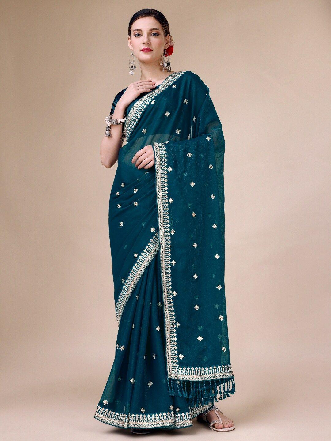 indian women ethnic motifs embroidered sequinned pure chiffon saree