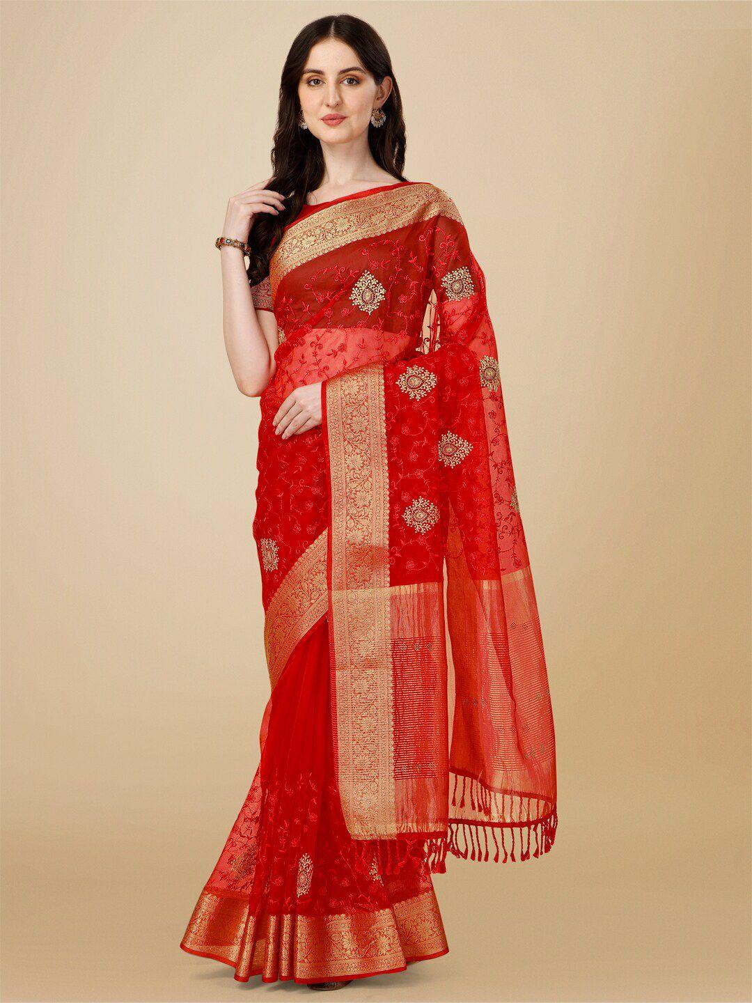 indian women ethnic motifs embroidered zari organza saree