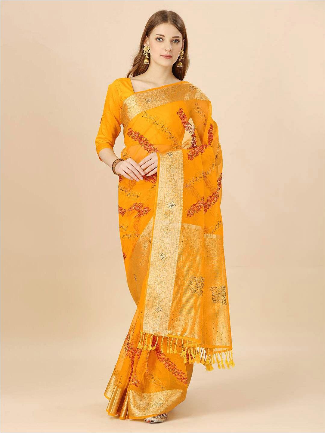 indian women ethnic motifs embroidered zari organza saree