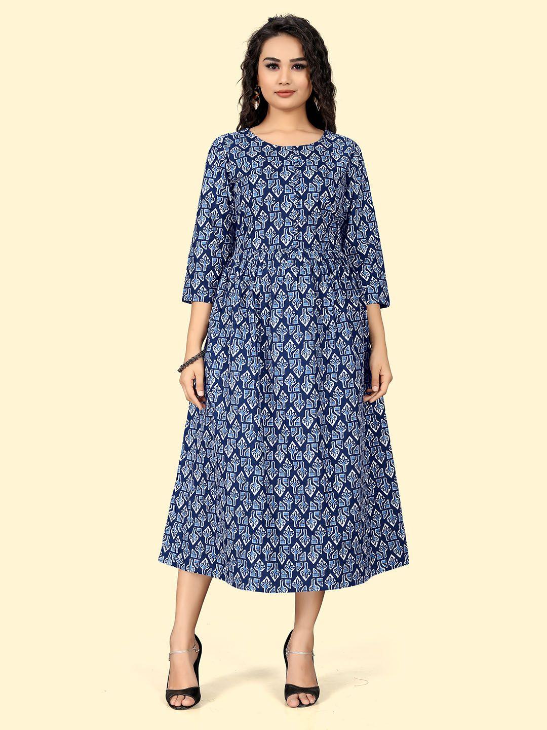 indian women ethnic motifs printed pure cotton fit & flare midi ethnic dress