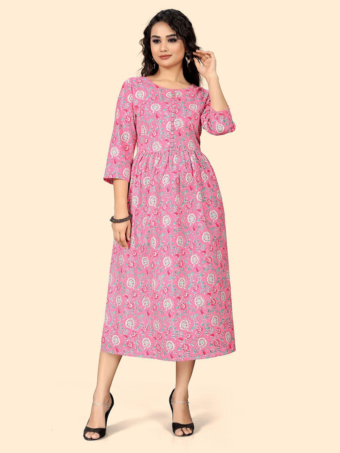 indian women ethnic motifs printed pure cotton fit & flare midi ethnic dress