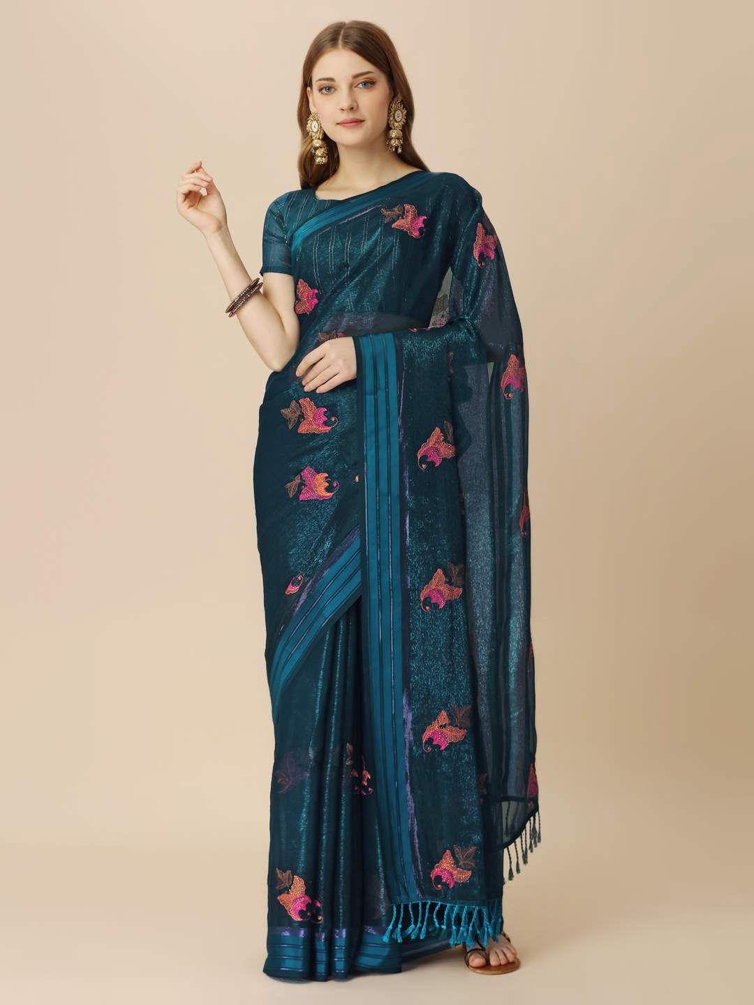 indian women floral embroidered pure chiffon saree