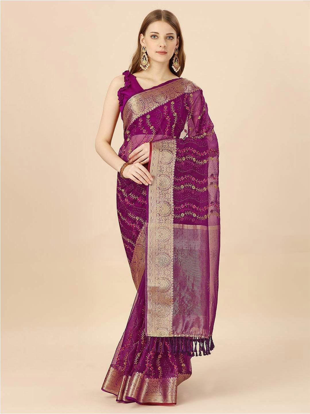 indian women floral embroidered zari organza saree