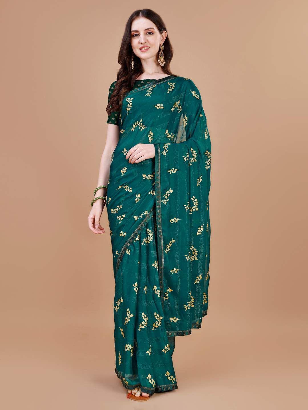 indian women floral foil printed pure chiffon saree