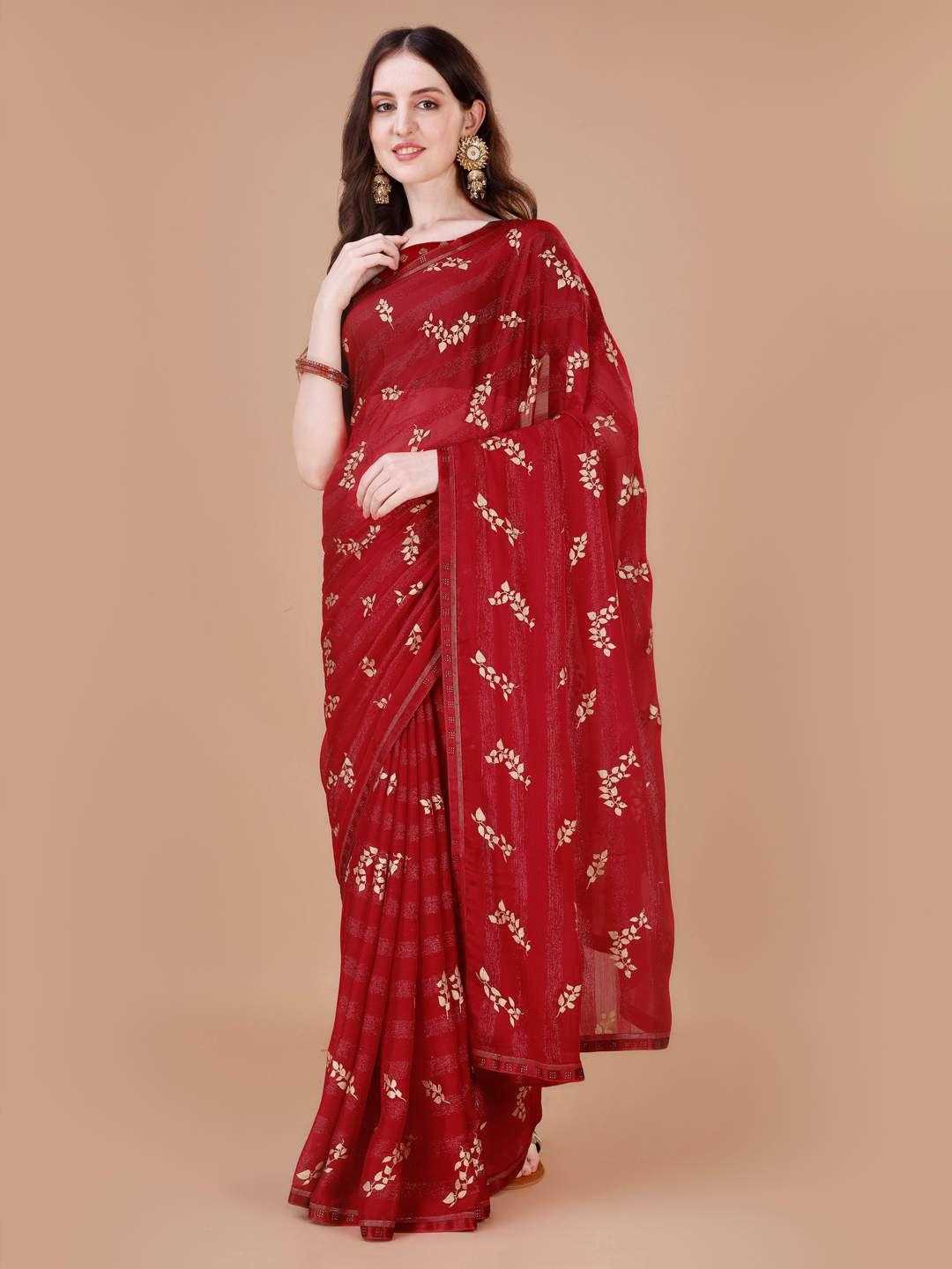 indian women floral printed beads and stones pure chiffon saree