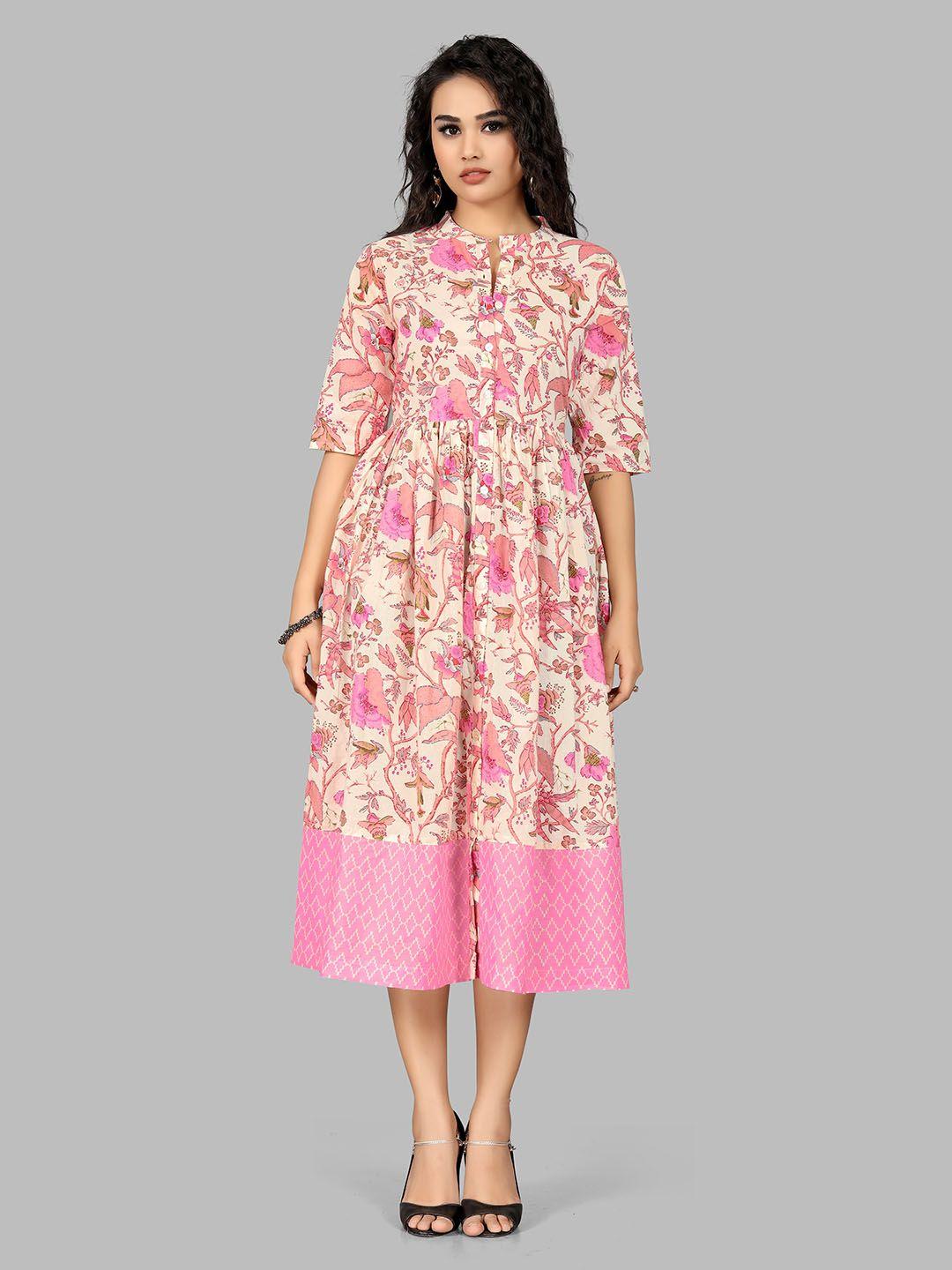 indian women floral printed pure cotton fit & flare ethnic dress