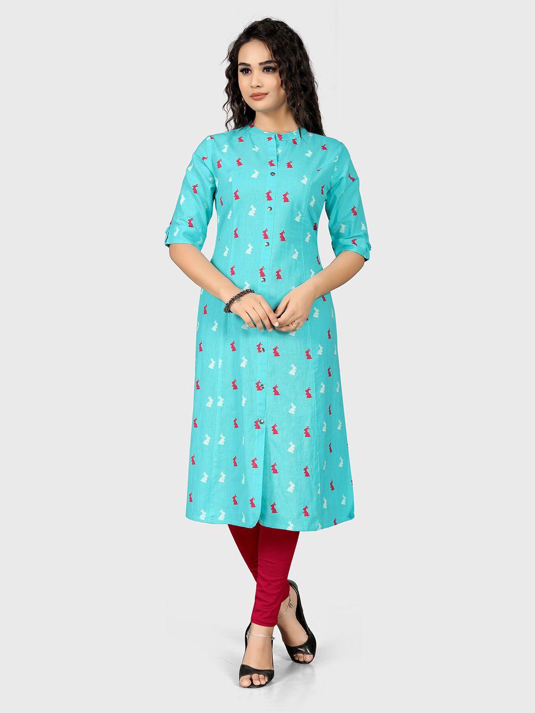 indian women graphic printed mandarin collar pure cotton a-line kurta