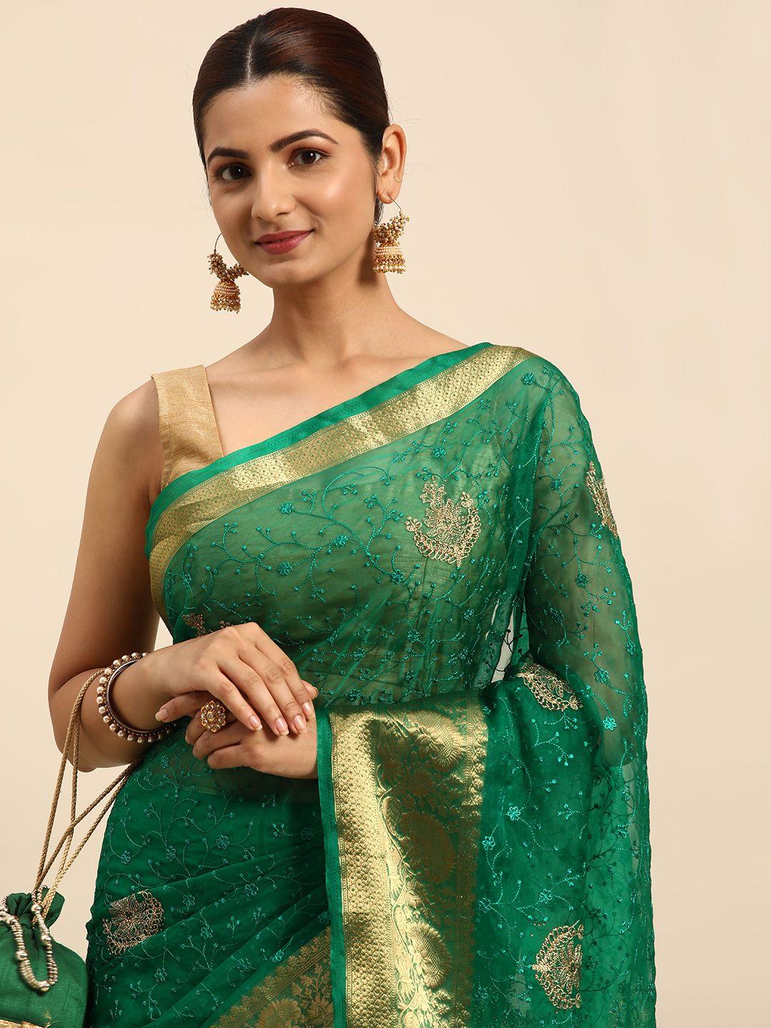 indian women green & gold-toned floral embroidered organza designer saree