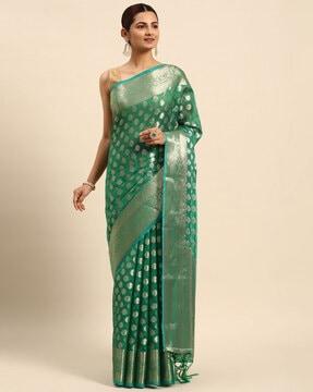 indian women green organza silk land woven design zari pure cotton fusion saree traditional saree