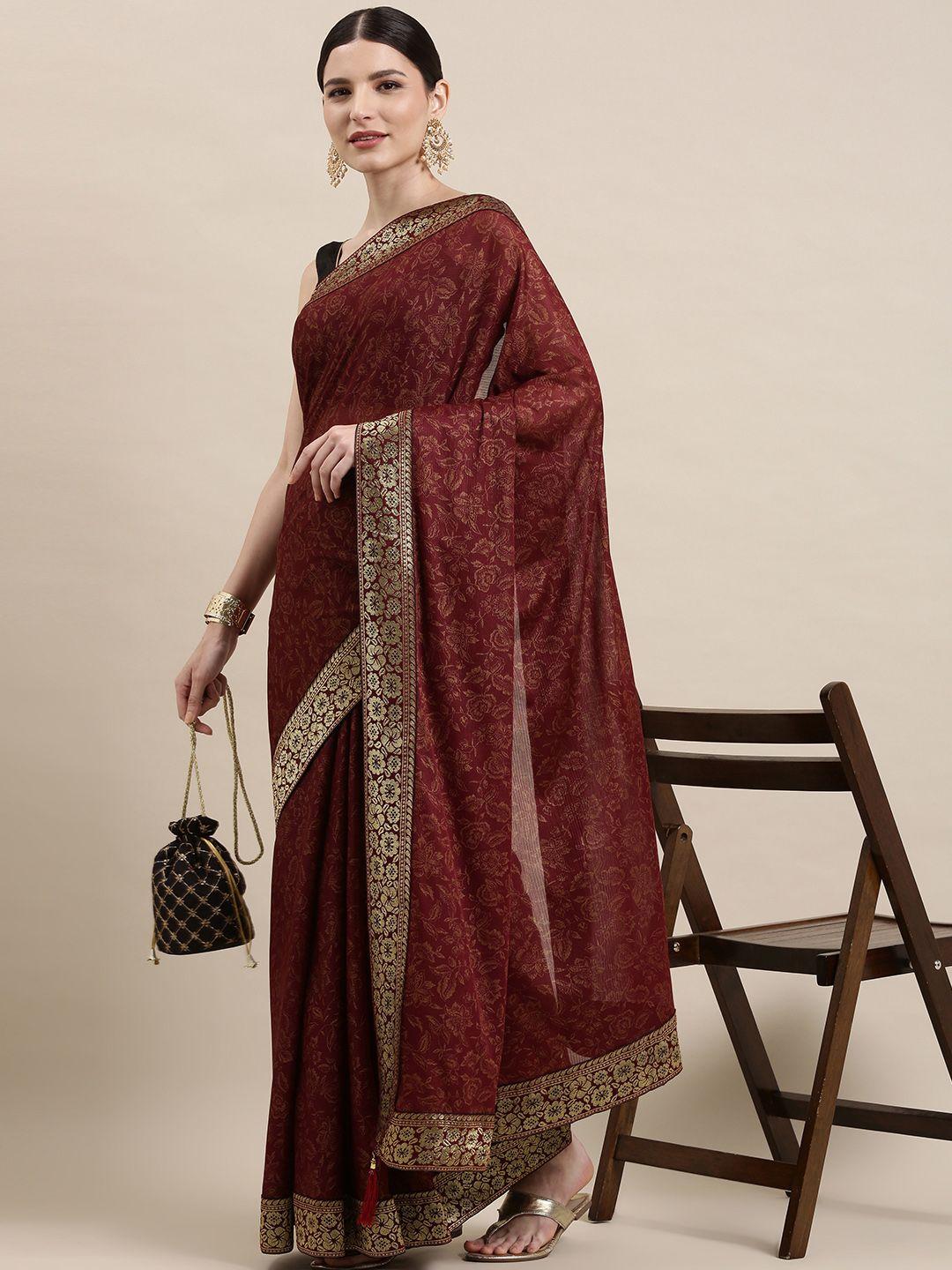indian women maroon & golden ethnic motifs zari silk blend saree