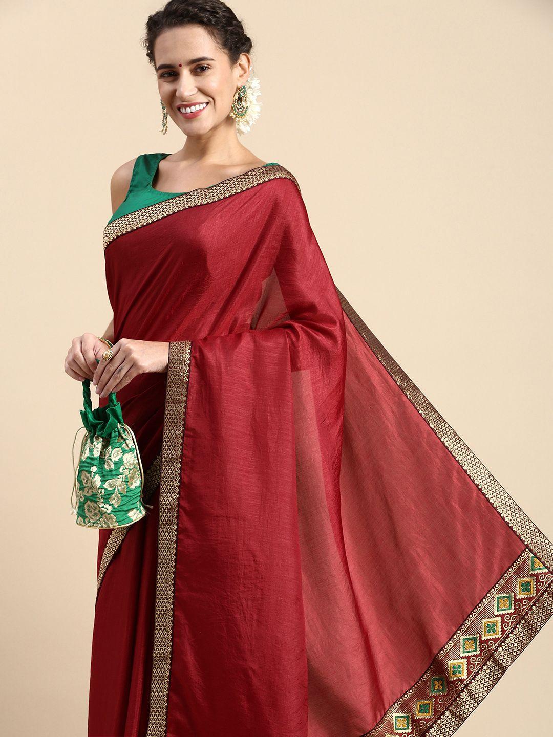 indian women maroon embellished silk blend fusion saree