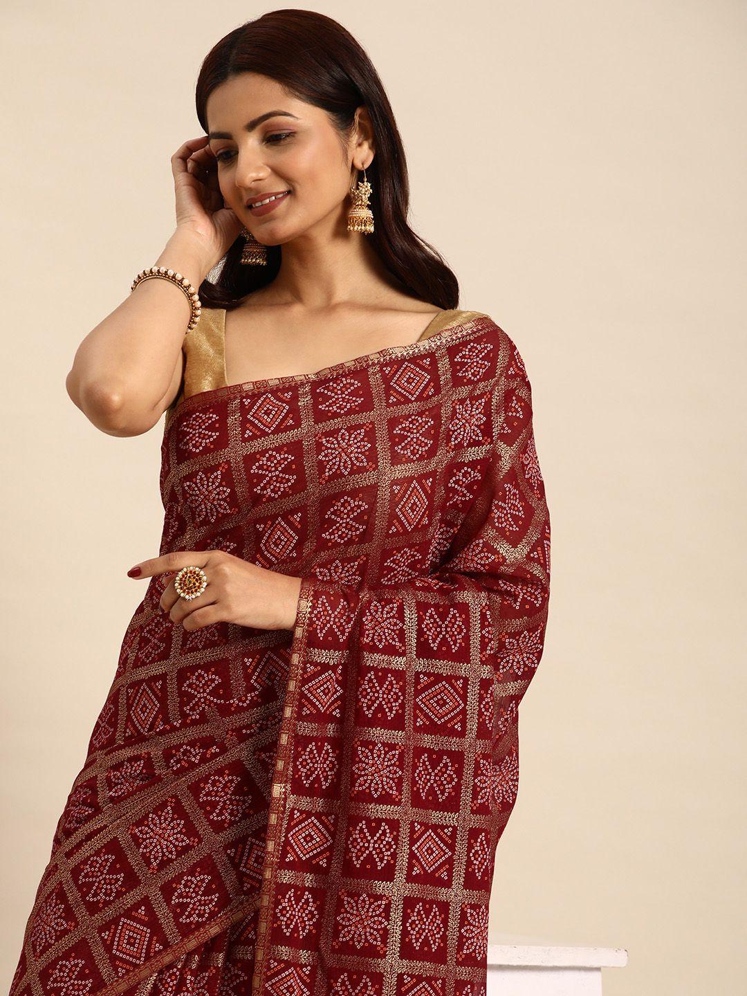 indian women maroon striped silk blend fusion saree