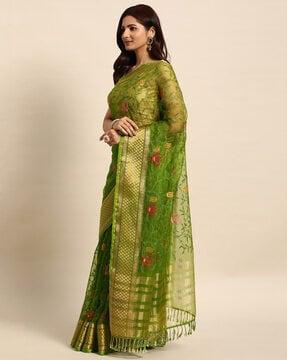 indian women mehendi green orgenza fancy border with embroidery work solid saree