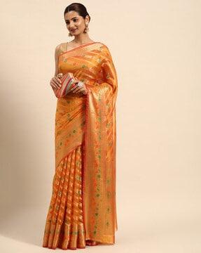 indian women orange organza silk land woven design zari pure cotton fusion saree traditional saree