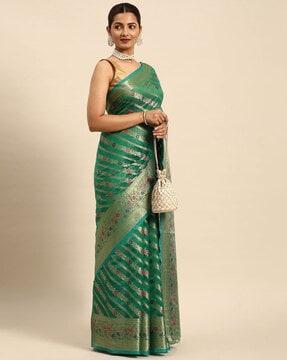 indian women rama green organza silk land woven design zari pure cotton fusion saree traditional saree