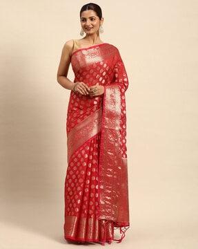 indian women red organza silk land woven design zari pure cotton fusion saree traditional saree