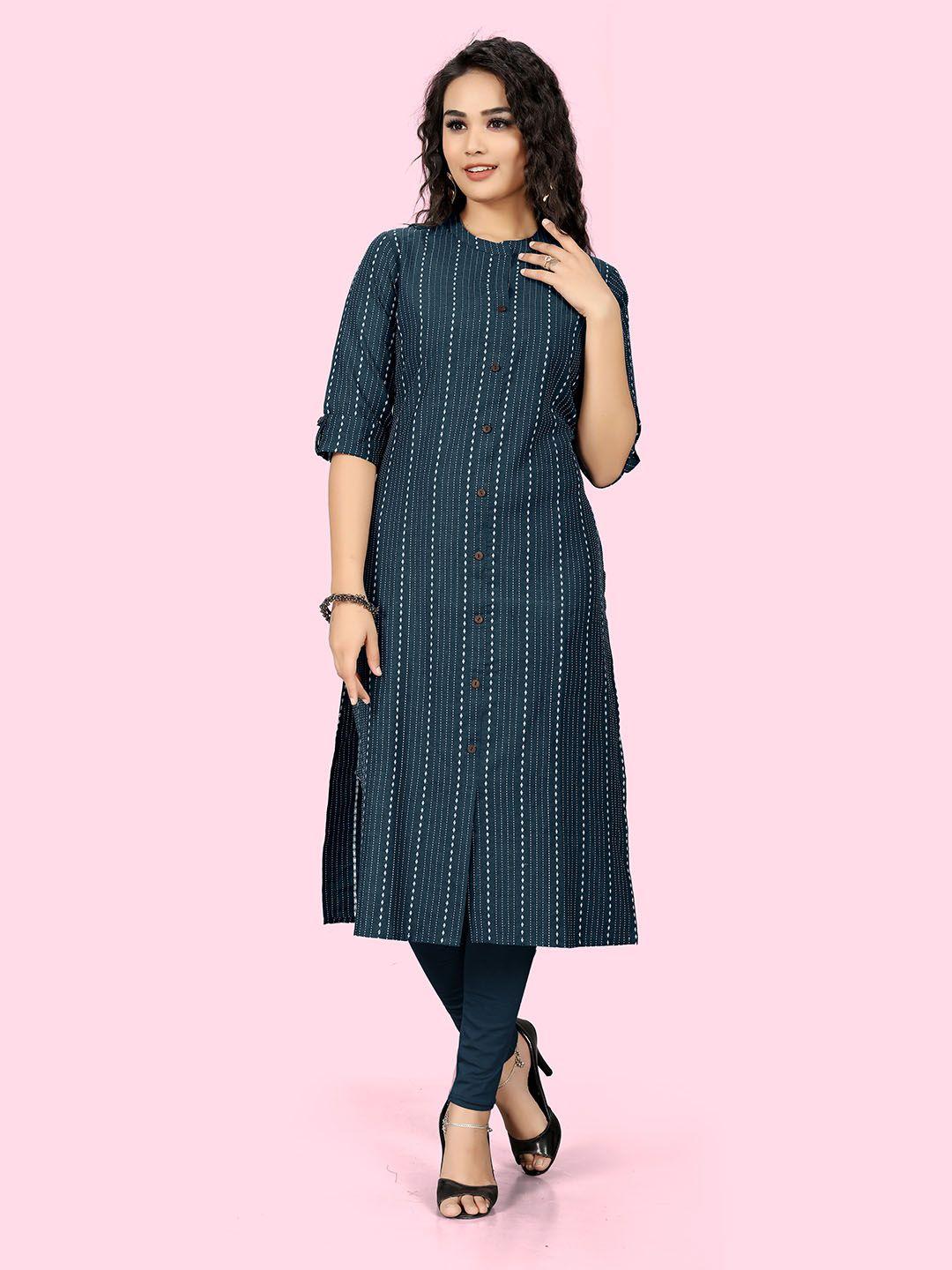 indian women striped mandarin collar roll-up sleeves pure cotton kurta