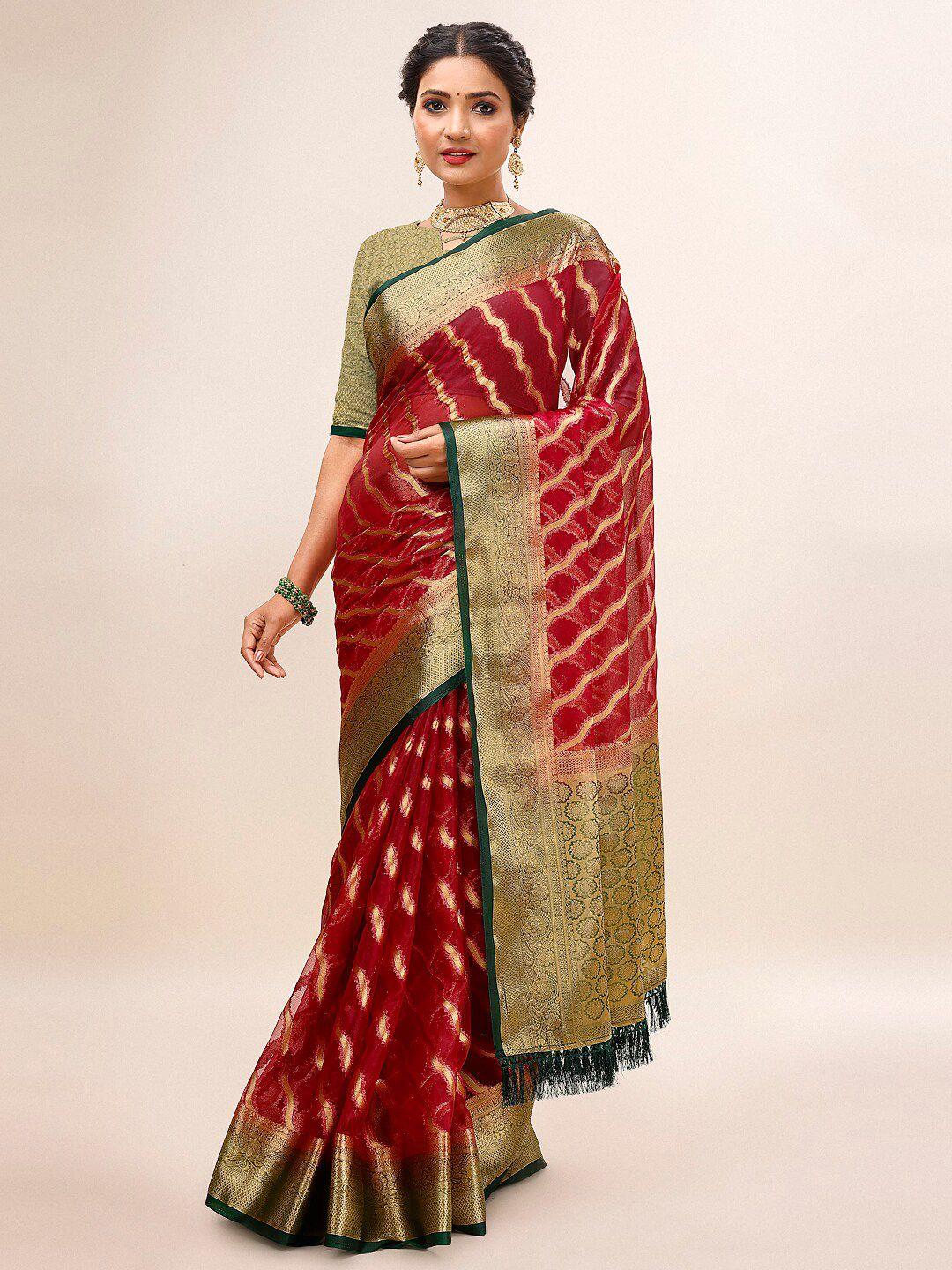 indian women striped woven design zari organza leheriya saree