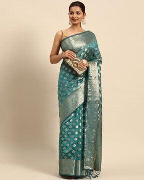 indian women teal blue organza silk land woven design zari pure cotton fusion saree traditional saree