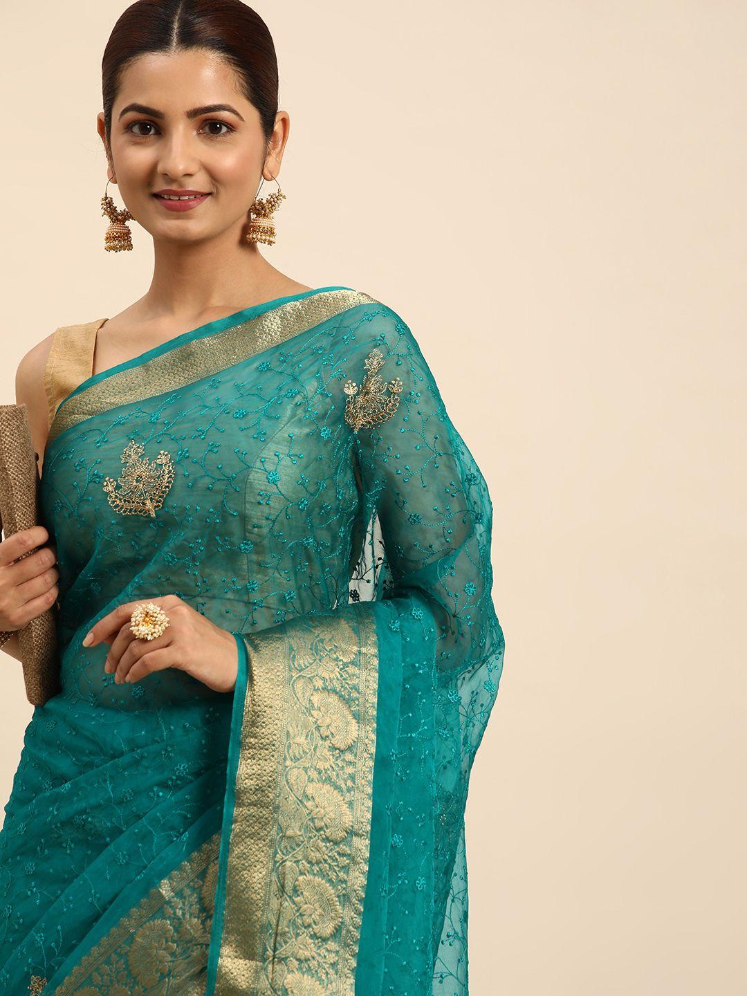 indian women turquoise blue & gold-toned floral embroidered organza designer saree