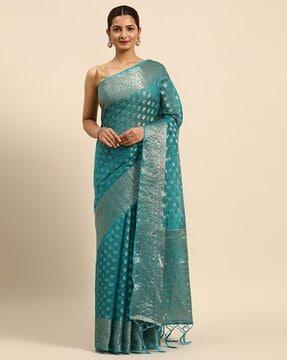 indian women turquoise blue organza silk land woven design zari pure cotton fusion saree traditional saree