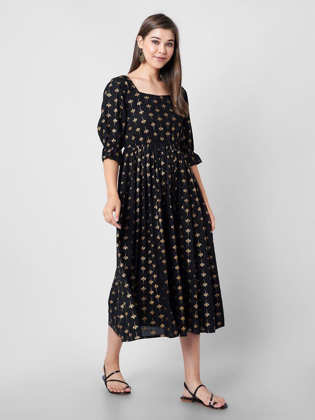 indianic floral print puff sleeve fit & flare midi dress
