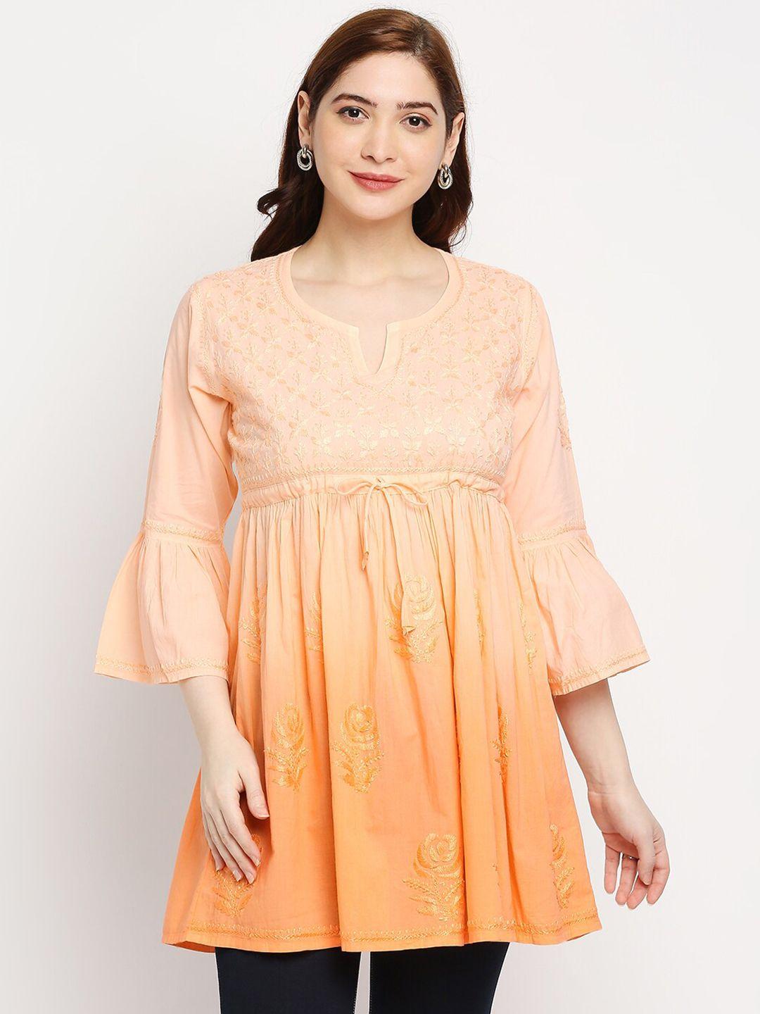 indiankala4u orange floral embroidered pure cotton chikankari longline top