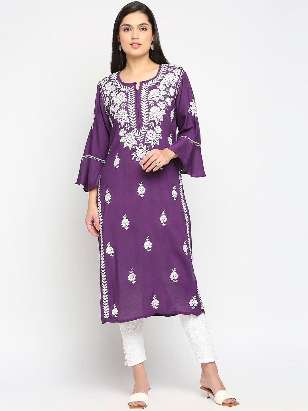 indiankala4u women purple ethnic motifs embroidered flared sleeves chikankari kurta