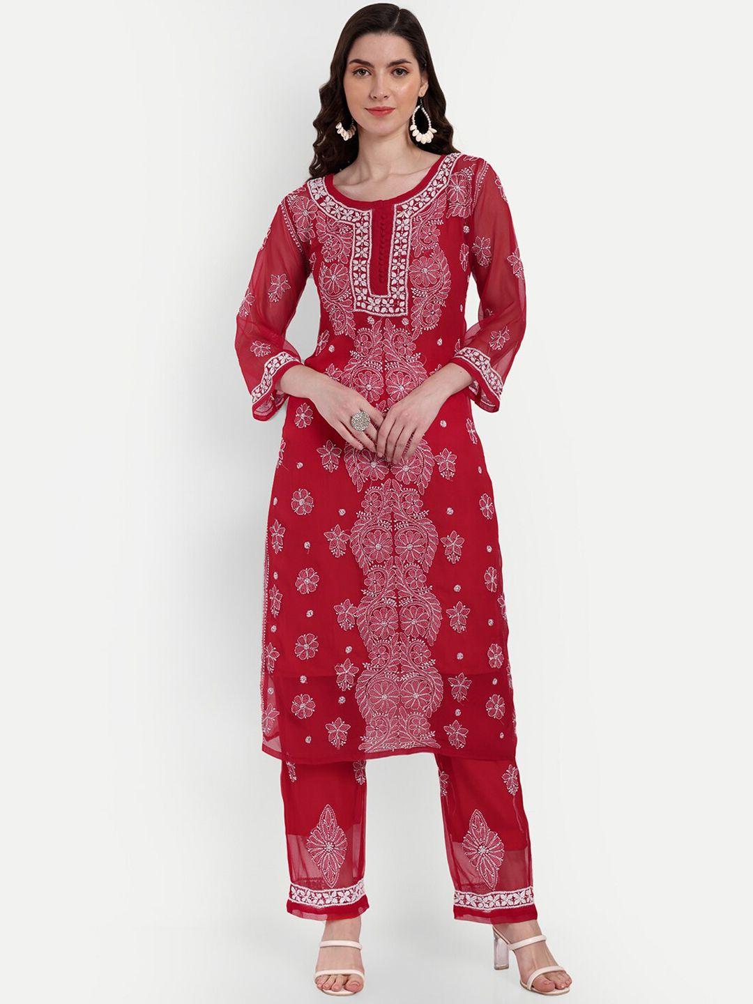 indiankala4u floral embroidered chikankari kurta with palazzos & camisole