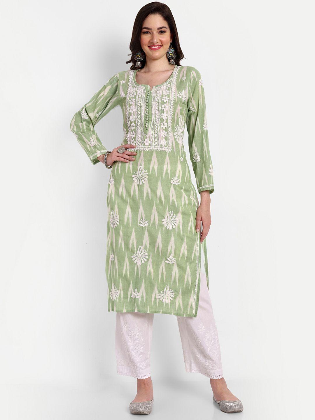 indiankala4u floral embroidered thread work ikat pure cotton a-line kurta