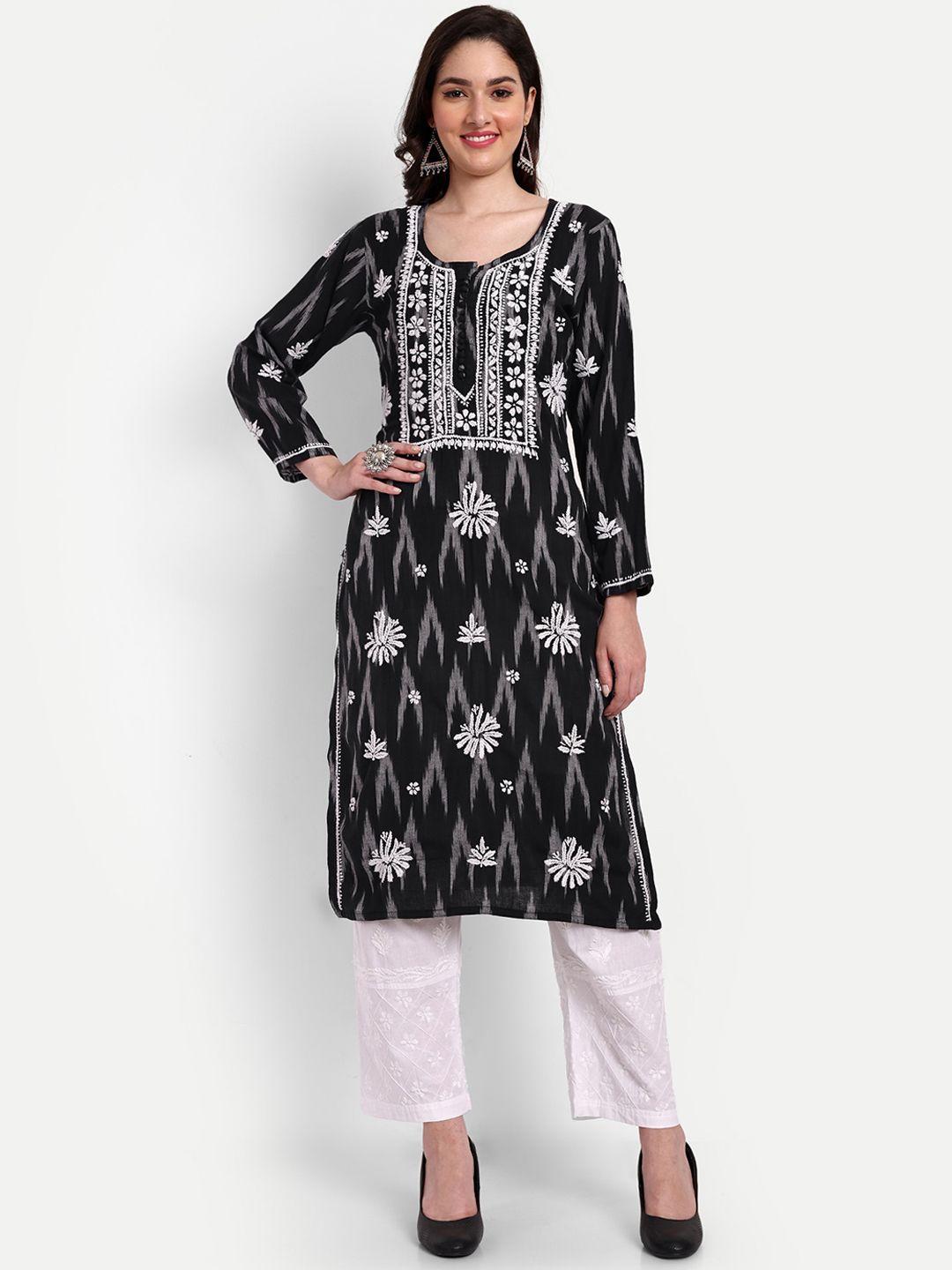 indiankala4u floral embroidered thread work ikat pure cotton a-line kurta