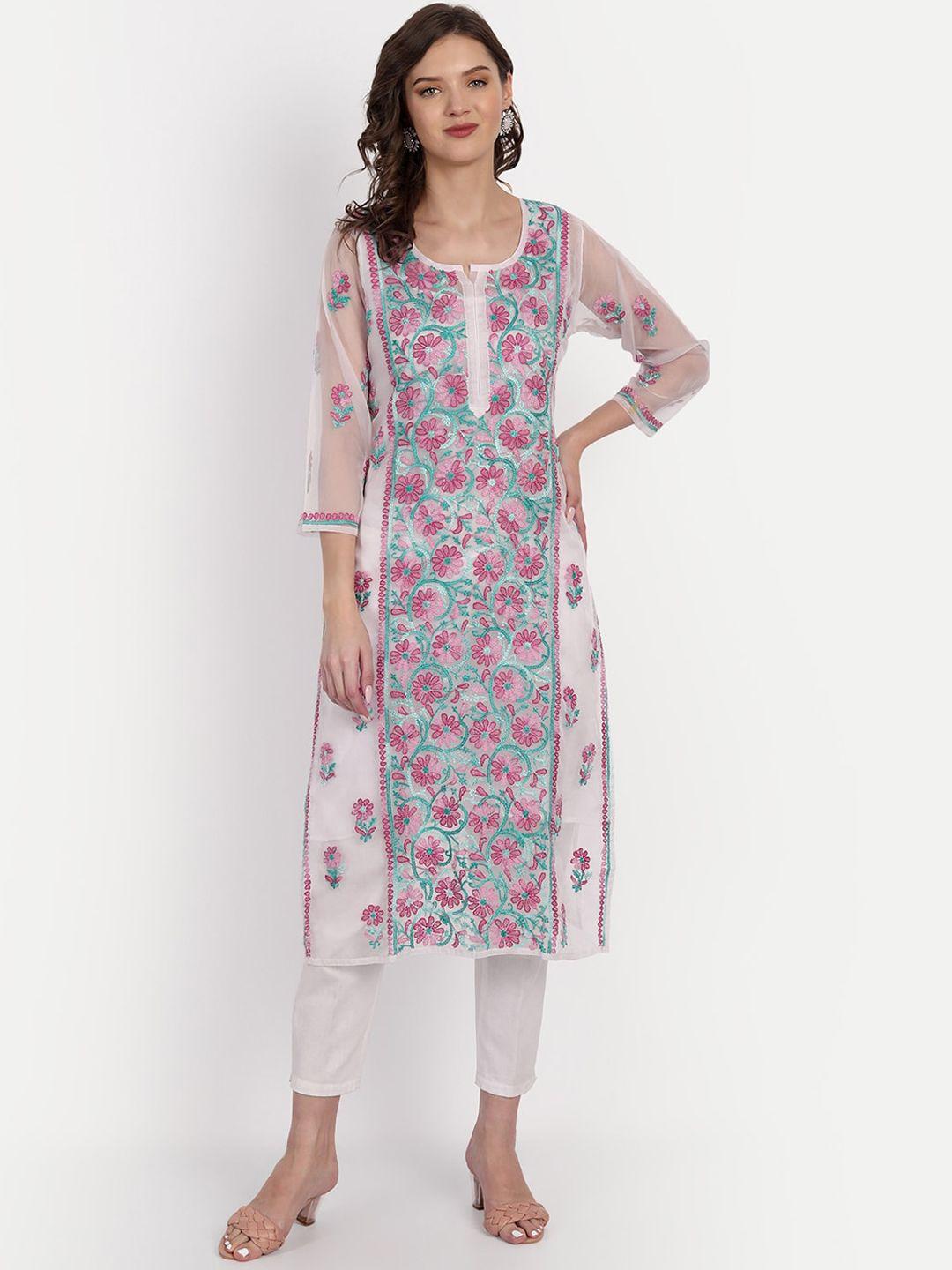 indiankala4u floral embroidered thread work organza kurta